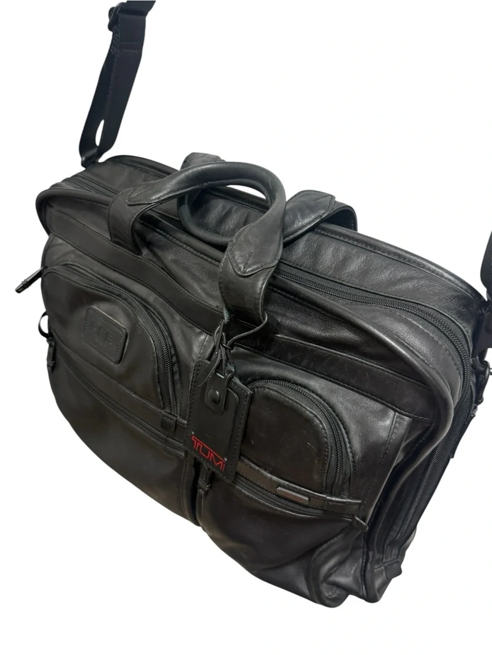 Tumi Black Leather Laptop Briefcase with Shoulder Strap